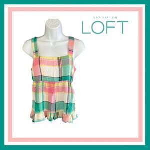 Ann Taylor LOFT 0 Petite Plaid Tie Back Peplum Cami in Cove Green ~ NWOT